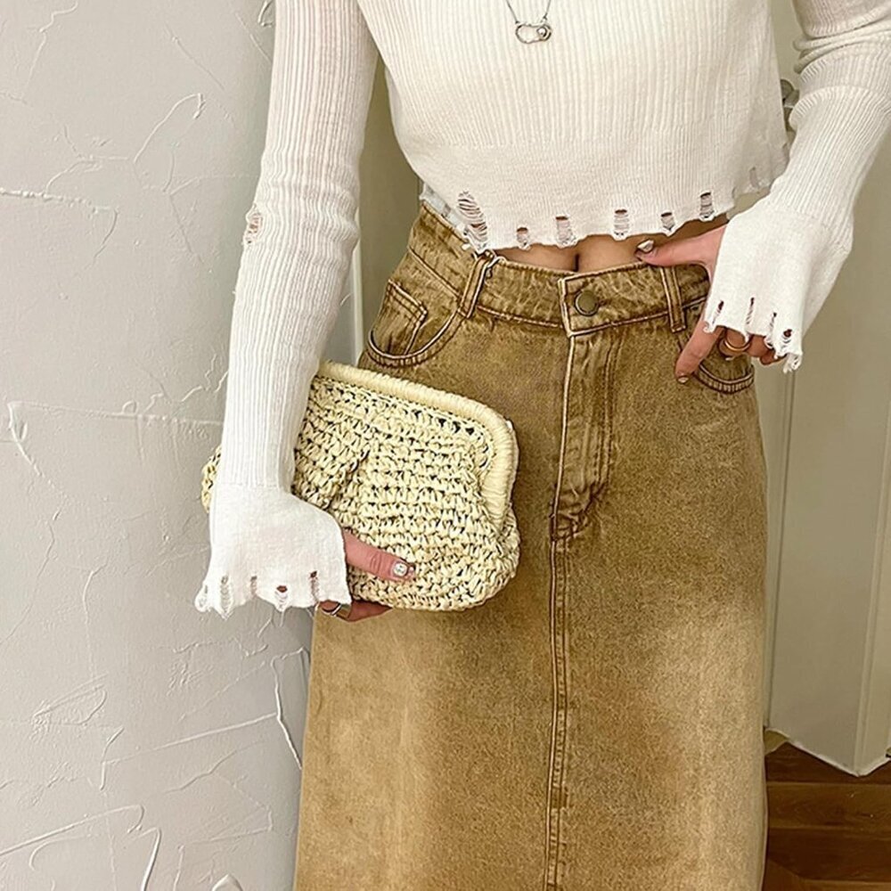 Straw Clutch Bag Cloud Dumpling Shape Crossbody S… - image 3